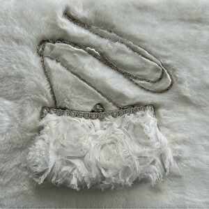 JNB Wht. Floral Rosette Clutch Silver Chain Rhinestone Embellished Bridal Formal